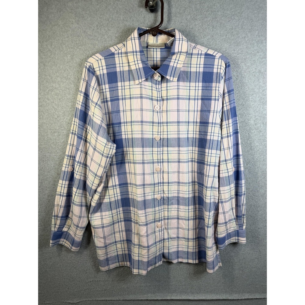 Draper's & Damon's Shirt Womens XL Blue Plaid Button Up Roll Tab Top Long Sleeve